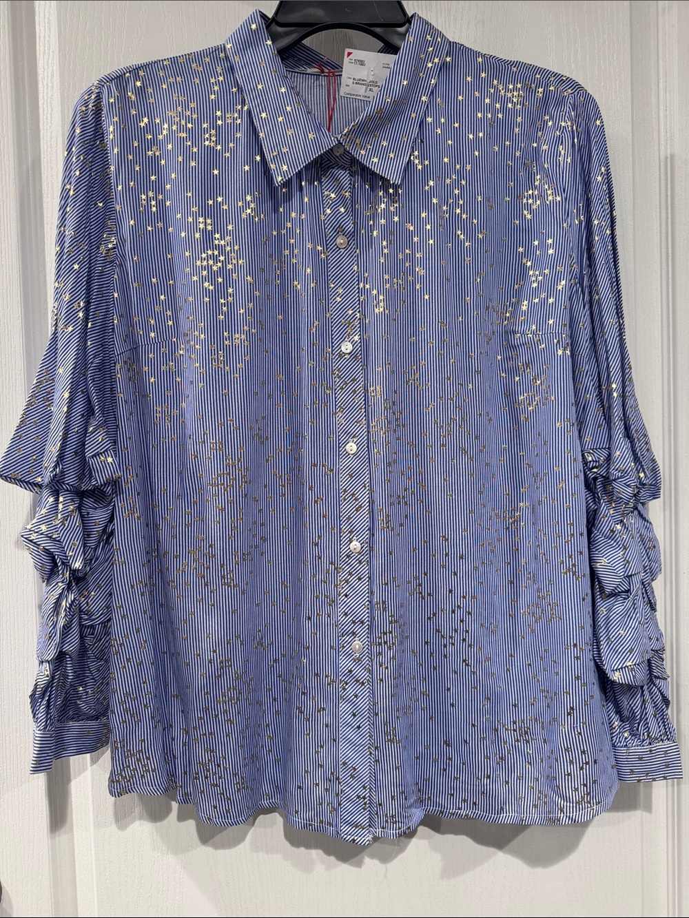 Solitaire XL NWT Blue Stripe Gold Star Ruffle Sleeve Blouse